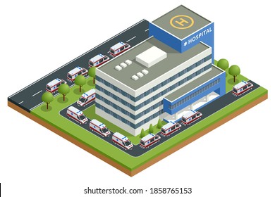 Isometric city hospital and a line of ambulances. There is a place for a helicopter on the roof. Health and medicine