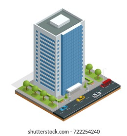 Isometric city houses composition with building and road isolated vector illustration. Collection of urban elements architecture, home, road, intersection, traffic light and cars