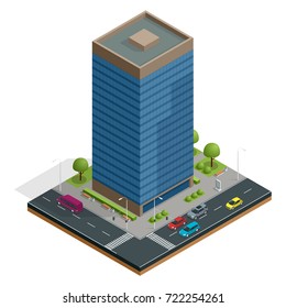 Isometric city houses composition with building and road isolated vector illustration. Collection of urban elements architecture, home, road, intersection, traffic light and cars