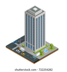 Isometric city houses composition with building and road isolated vector illustration. Collection of urban elements architecture, home, road, intersection, traffic light and cars