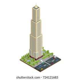Isometric city houses composition with building and road isolated vector illustration. Collection of urban elements architecture, home, road, intersection, traffic light and cars
