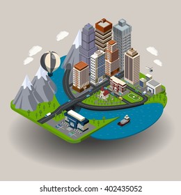 Isometric City Icon With Buildings Street Skyscrapers And Other Ordinary Elements Like School Church Clinic Vector Illustration