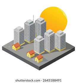 Isometric city illustration with buildings houses and sun for urban planning and design project needs