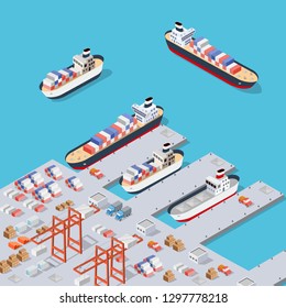 Isometric City industrial dock port with container cargo industry freight and transport boat naval ships nautical on the sea for terminal distribution shipment illustration. Set of ship transportation