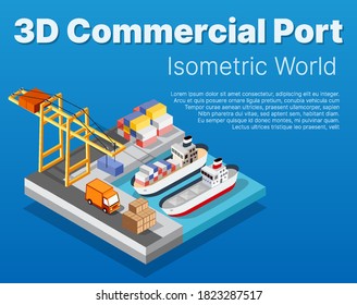 Isometric City industrial dock port with container cargo industry freight and transport boat naval ships