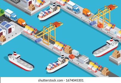 Isometrischer Industriehafen mit Transportschiff und Seeschiffen nautischer Transport auf dem Meer für Reisetourismus 3D-Illustration.