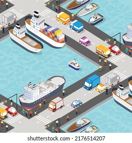 Isometric City industrial port with transport boat and naval ships nautical transport on the sea for travel vacation tourism 3D illustration.