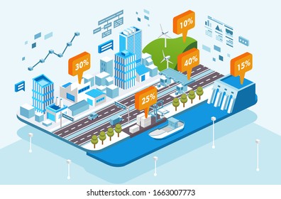 isometric city infrastructure growth info graphic vector illustration with building, street, dam, and all element of the city. use for info graphic and other