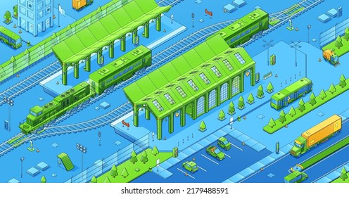 Isometric city infrastructure, railway area with trains, terminal building, rails. Urban architecture, car parking area, megalopolis commuter transport 3d vector graphic design, line art illustration