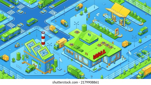 Isometric city infrastructure refueling station, shopping mall, factory or warehouse urban architecture buildings. Transport driving at roads, commuter, trucks, cars 3d vector line art illustration