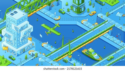 Isometric City Infrastructure And Transport, Bridges, Urban Architecture, Modern Buildings, Flying Airplane, Train, Yacht On River, Cars On Streets With Road Signs 3d Vector Line Art Illustration