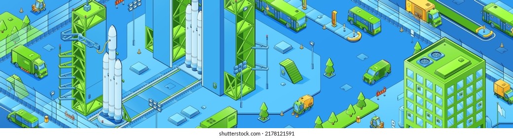 Isometric city infrastructure, urban architecture. Residential buildings, spaceport with rocket, car parking area, road with moving transport, trucks and commuters 3d vector design, line art