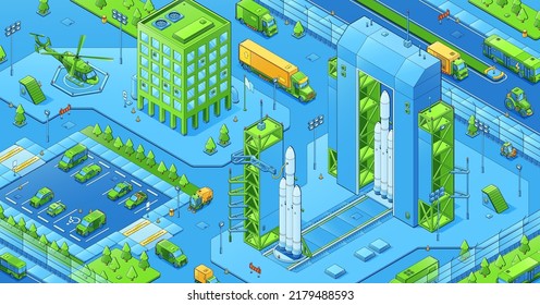 Isometric city infrastructure, urban architecture. Residential buildings, spaceport, helipad, car parking area, road with moving transport, trucks and commuters 3d vector design, line art illustration