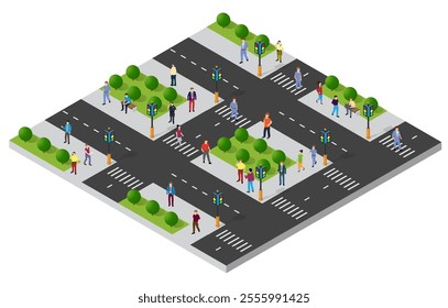 Isometric city intersection with traffic lights, pedestrians walking and crossing roads, trees and benches