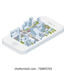 Isometric City Iphone Concept, 3d Google Map Vector Illustration, City Navigation Concept