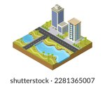 isometric city landscape with big river beside the highway