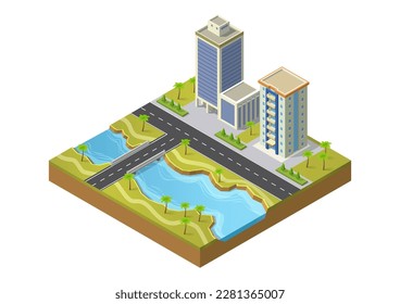 isometric city landscape with big river beside the highway