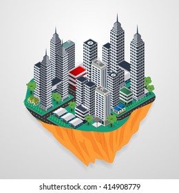 isometric city landscape floating in the sky, vector illustration