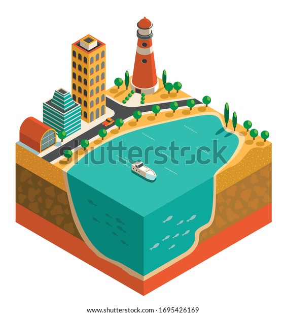 isometric city with light\
house, seaside , a few buildings, road, car, trees, boat on sea,\
layers of soil and sea in depth with a few fish - 3d colorful\
vector illustration