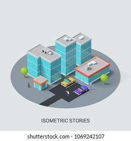 Isometric city location map with business buildings, parking lot, cars, people. Volumetric or 3d plan, scheme. Commercial real estate. Creative infographic design template. Vector illustration.