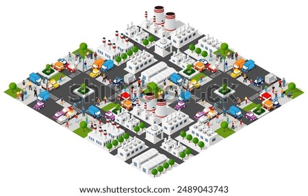 Isometric city with many citizens walking and driving cars on the road, factories are polluting the environment
