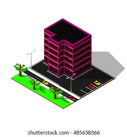 Isometric city map. 3d building with parking illustration. Isometric elements.