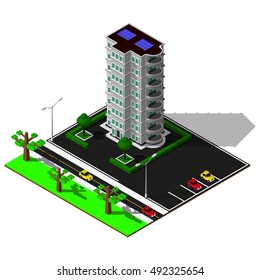 Isometric city map. 3d building with solar panels, parking and cars illustration. Isometric elements.