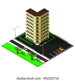 Isometric city map. 3d building with parking illustration. Isometric elements.