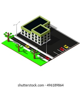 Isometric city map. 3d building with parking illustration. Isometric elements.