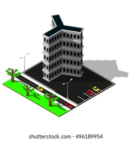 Isometric city map. 3d building with parking illustration. Isometric elements.