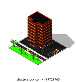 Isometric city map. 3d building with parking illustration. Isometric elements.