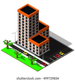 Isometric city map. 3d building with parking illustration. Isometric elements.