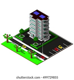 Isometric city map. 3d building with solar panel and parking zone. Isometric elements.