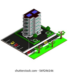 Isometric city map. 3d building with solar panel and parking zone. Isometric elements.