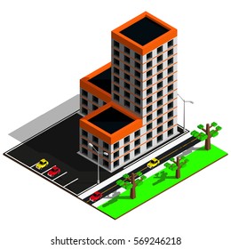 Isometric city map. 3d building with parking illustration. Isometric elements.