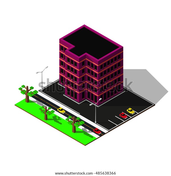 Isometric city map. 3d building with parking\
illustration. Isometric\
elements.