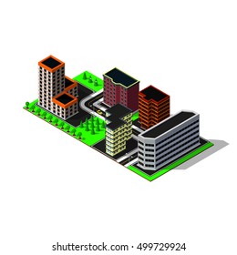 Isometric city map. 3d buildings. Isometric game pieces.