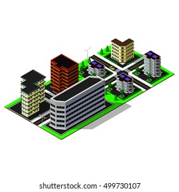 Isometric city map. 3d buildings. Isometric game pieces.