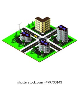 Isometric city map. 3d buildings illustration. Isometric game pieces. Low buildings in downtown.