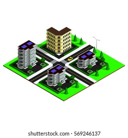 Isometric city map. 3d buildings illustration. Isometric game pieces. Low buildings in downtown.