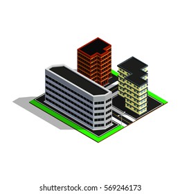 Isometric city map. 3d buildings. Isometric game pieces.