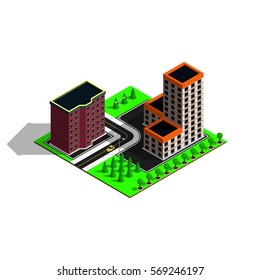 Isometric city map. 3d buildings. Isometric game pieces.