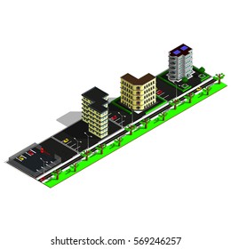 Isometric city map. 3d buildings illustration. Isometric game pieces. Tall buildings in city center.