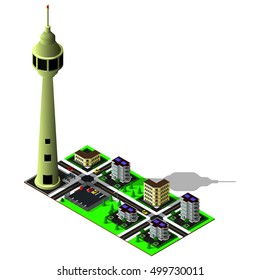 Isometric city map. 3d TV tower, parking zone and different buildings. Isometric game pieces.