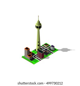 Isometric city map. 3d TV tower, parking zone and different buildings. Isometric game pieces.