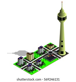 Isometric city map. 3d TV tower, parking zone and different buildings. Isometric game pieces.