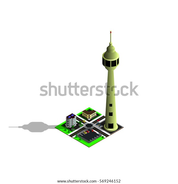 Isometric city map. 3d TV tower,\
parking zone and different buildings. Isometric game\
pieces.