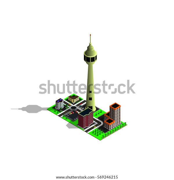 Isometric city map. 3d TV tower,\
parking zone and different buildings. Isometric game\
pieces.