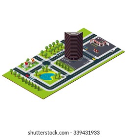 Isometric city map. Bank building in downtown. Isometric lake and houses in suburb. Gas station illustration.