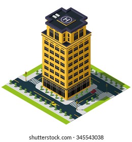 Isometric city map. Bank building illustration. Skyscraper building icon.